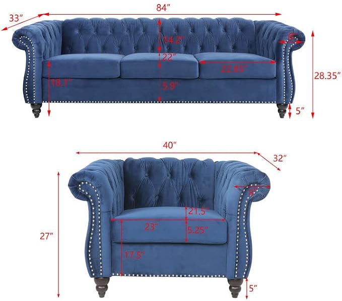 RARZOE Modern 2 Pieces Living Room Sofa Set, Contemporary Tufted Button Velvet - Image 2