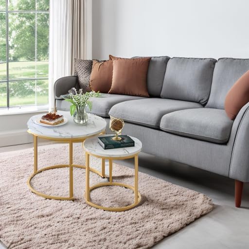 aboxoo Coffee Table Nesting White Set of 2 Side Set Golden Frame Circular Round - Image 5