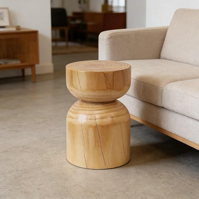 Solid Wood Stool & Sofa Side Table, Rustic Hourglass Wabi-Sabi Accent Coffee - Image 7