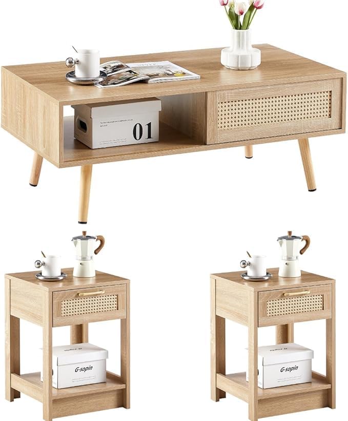 Rattan Center Table and Nightstand Set, 3-Piece Wood Living Room Table Set by YOUGUO
