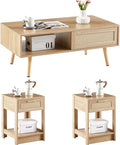 Rattan Center Table and Nightstand Set, 3-Piece Wood Living Room Table Set by YOUGUO
