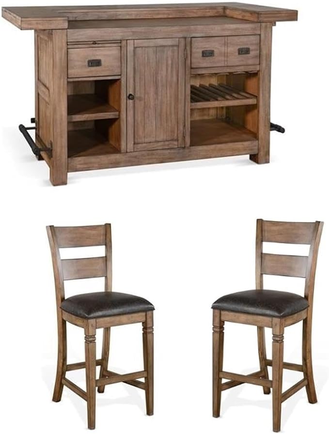 Pemberly Row Set of 3 Wood Bar Unit and 2 Ladderback Barstool in Natural Brown by PEMBERLYROW