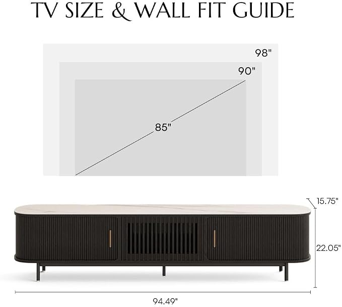 POVISON Fully-Assembled Sliding Tambour Door TV Stand, Mid Century Modern - Image 4