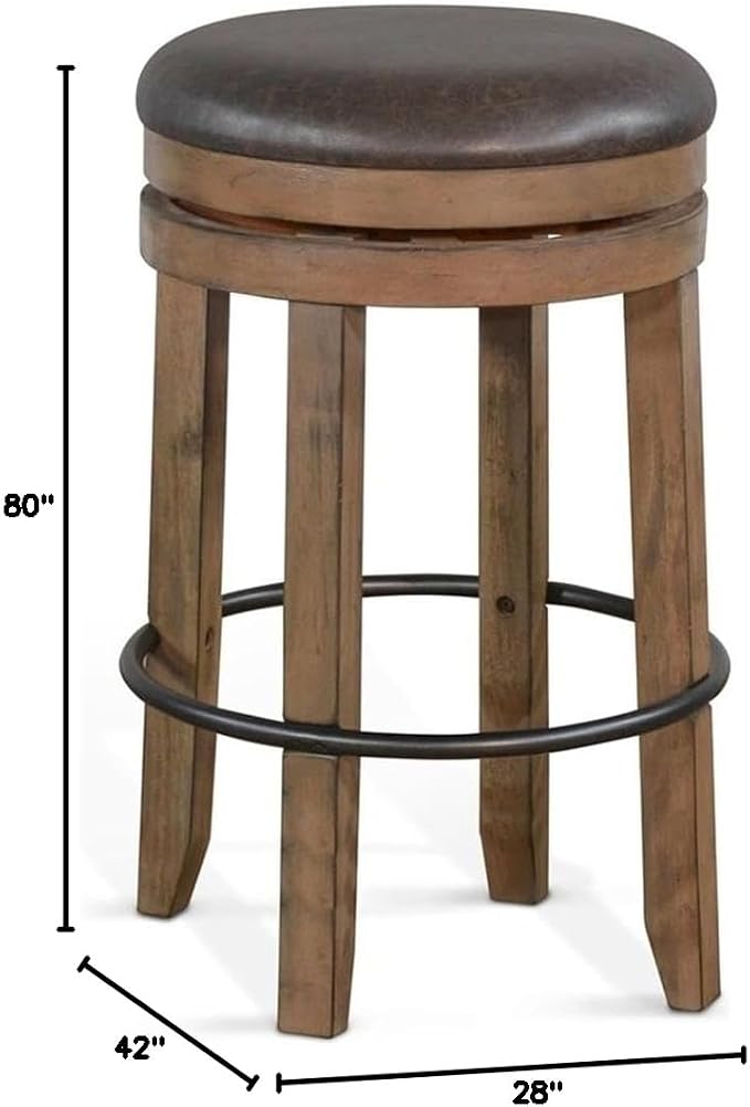 Pemberly Row Set of 3 Natural Brown Wood Bar Unit and 2 Backless Swivel Barstool - Image 9