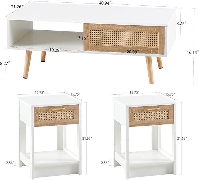 Rattan Center Table and Nightstand Set, 3-Piece Wood Living Room Table Set - Image 2