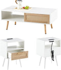Rattan Center Table and Nightstand Set, 3-Piece Wood Living Room Table Set by YOUGUO