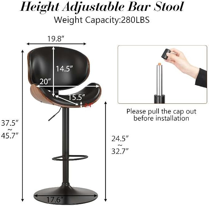 KCC Bar Stools Set of 2, Swivel Adjustable Height Barstools, PU Leather - Image 3