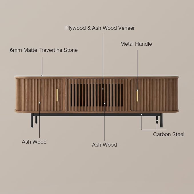 POVISON Fully-Assembled Sliding Tambour Door TV Stand, Mid Century Modern - Image 3