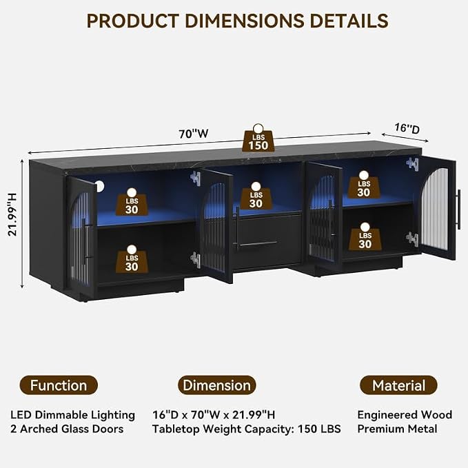 70" LED TV Stand with Storage for 75/80" TVs, Faux Marble Entertainment Center - Image 2