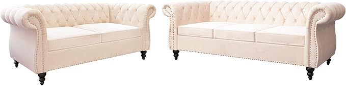 ORRD 2 Piece Living Room Set, Velvet Chesterfield Sofa Loveseat Couch - Image 9