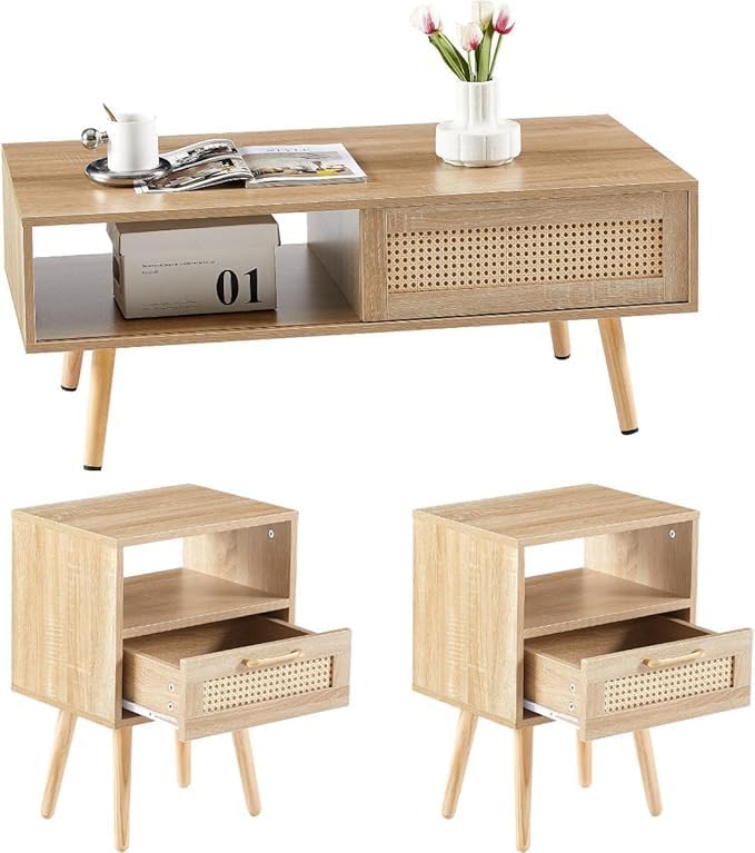 Rattan Center Table and Nightstand Set, 3-Piece Wood Living Room Table Set by YOUGUO