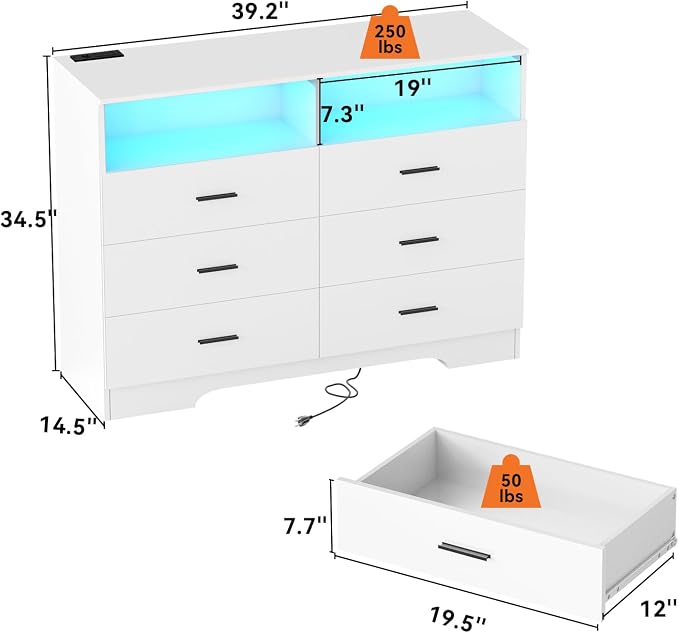 FJTJBSI Dresser with Power Outlets and LED Lights Wooden 6 Drawer Dresser with - Image 3
