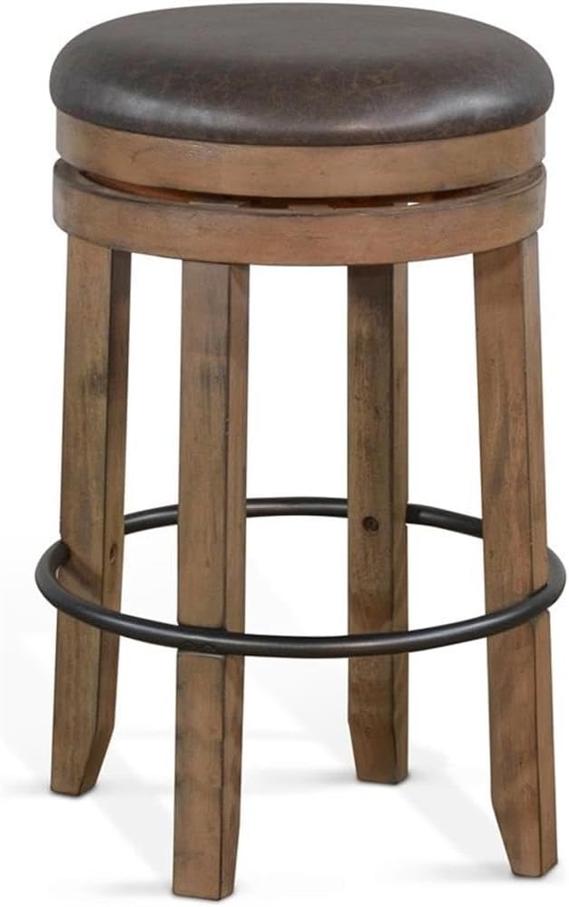 Pemberly Row Set of 3 Natural Brown Wood Bar Unit and 2 Backless Swivel Barstool - Image 3