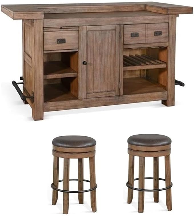 Pemberly Row Set of 3 Natural Brown Wood Bar Unit and 2 Backless Swivel Barstool by PEMBERLYROW