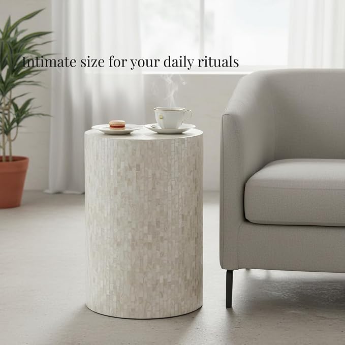 PEMAR Mother of Pearl Cylinder Drum End Table Nacre Side Stool Round Accent - Image 4