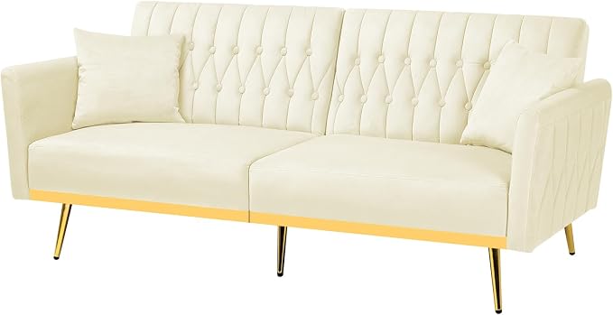 70” Velvet Futon Sofa Bed with 2 Pillows and Adjustable Armrests, Convertible - Image 8