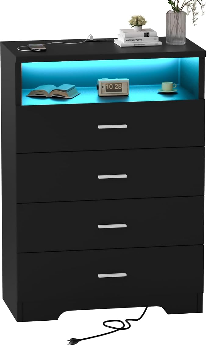 FJTJBSI Dresser with Power Outlets and LED Lights Wooden 4 Drawer Dresser with by FJTJBSI