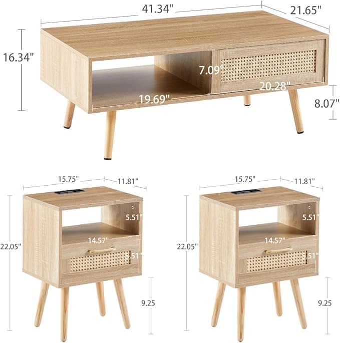 Rattan Center Table and Nightstand Set, 3-Piece Wood Living Room Table Set - Image 3