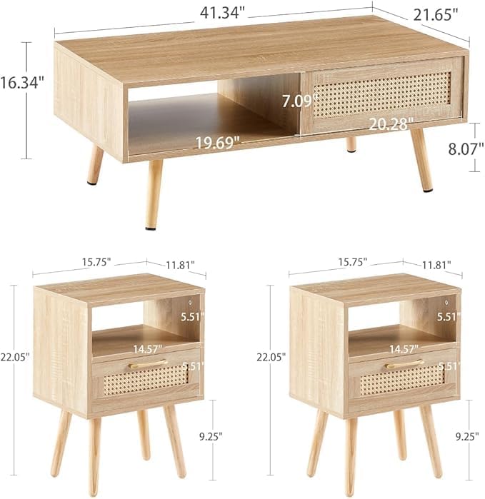Rattan Center Table and Nightstand Set, 3-Piece Wood Living Room Table Set - Image 2