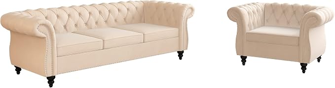 ORRD 2 Piece Living Room Set, Velvet Chesterfield Sofa Couch Chair - Image 9