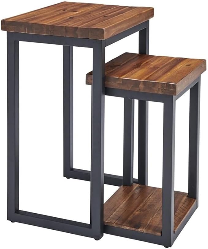 Claremont Rustic Wood Nesting End Tables, Solid Wood and Black-Finished Metal by AlaterreFurniture