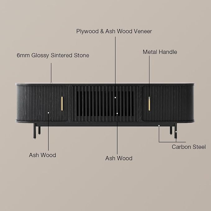 POVISON Fully-Assembled Sliding Tambour Door TV Stand, Mid Century Modern - Image 6