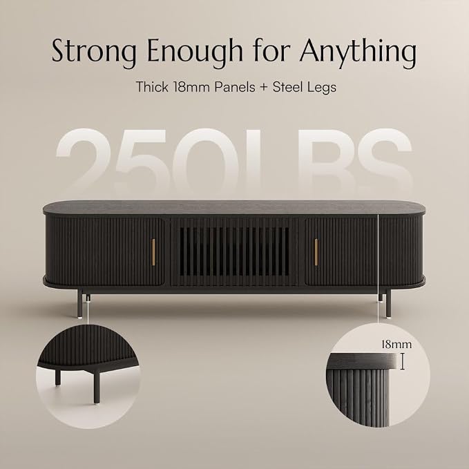 POVISON Fully-Assembled Sliding Tambour Door TV Stand, Mid Century Modern - Image 2