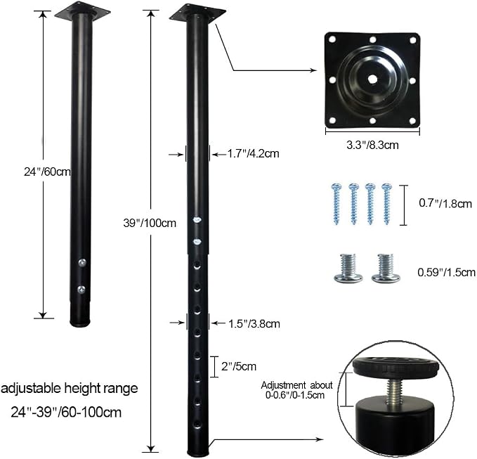 QLLY Adjustable Metal Table Leg, 24-40 inch, Home Office DIY Desk Leg, - Image 2