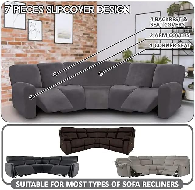 LightInTheBox 7-Piece Velvet Stretch Reclining Couch Covers 5 Seats Corner Sofa - Image 8