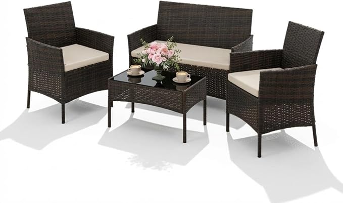 4PCS Outdoor Patio Bistro Set, PE Rattan Wicker Armchairs by Garvee