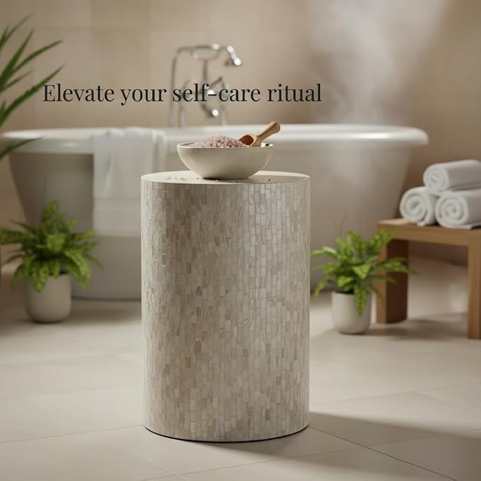 PEMAR Mother of Pearl Cylinder Drum End Table Nacre Side Stool Round Accent - Image 5