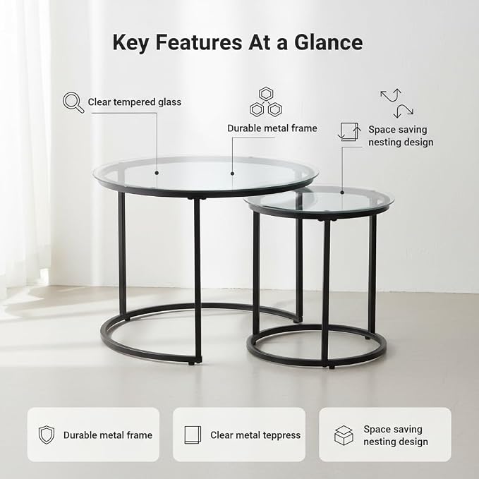 Round Nesting Coffee Table Set of 2, Modern Glass Nesting Tables, Stacking - Image 3