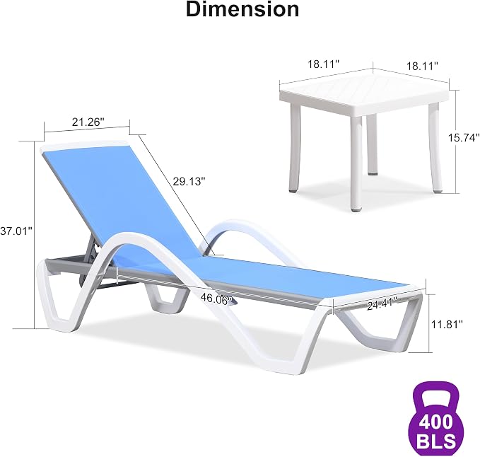 PURPLE LEAF Patio Chaise Lounge Chair Set of 3 Outside Aluminum Plastic - Image 2