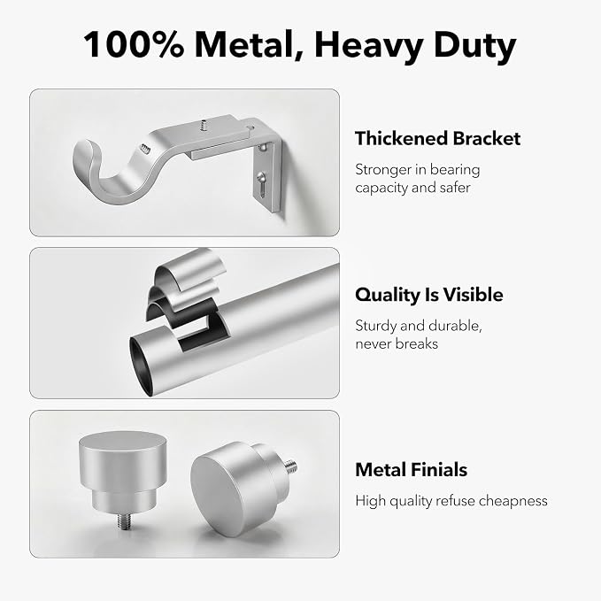IFELS Heavy Duty Curtain Rods for Windows 28 to 48 Inch, 1 Inch Silver Curtain - Image 3