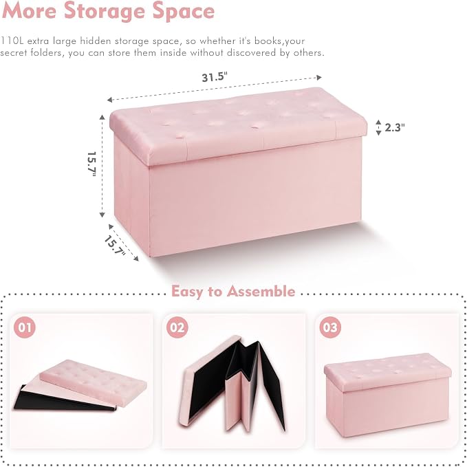 B FSOBEIIALEO Folding Storage Ottoman, Long Ottomans Shoes Bench, Velvet - Image 3