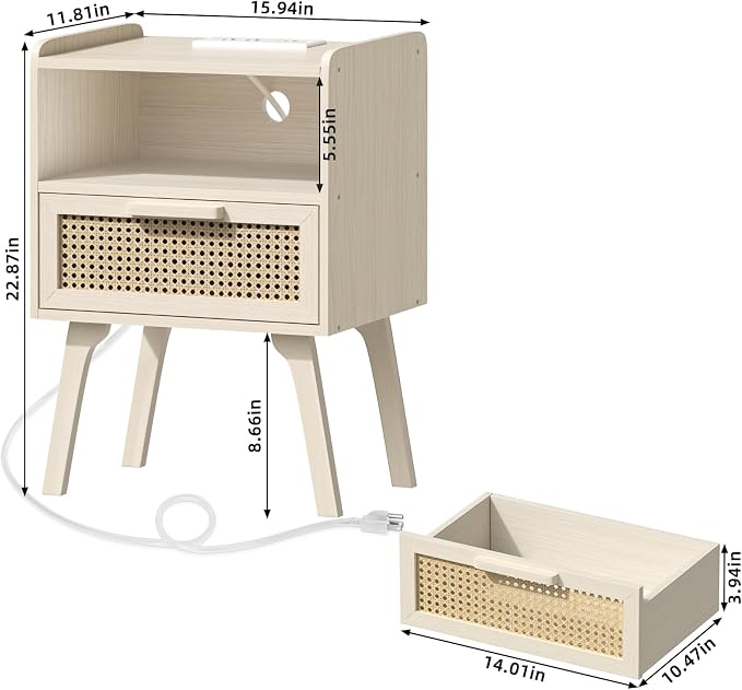 Lerliuo Rattan Nightstand with Charging Station, Side Table with Drawer Open - Image 3