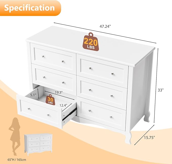 VINGLI White Dresser 6 Drawer, Wood Dresser Chest of Drawers, Clothes Dressers - Image 2