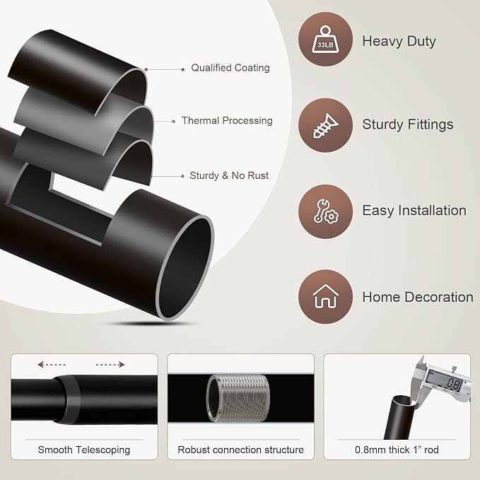 Lootkell Modern Black Curtain Rods Set, 48-84 Inches Adjustable, Heavy Duty 1 - Image 7