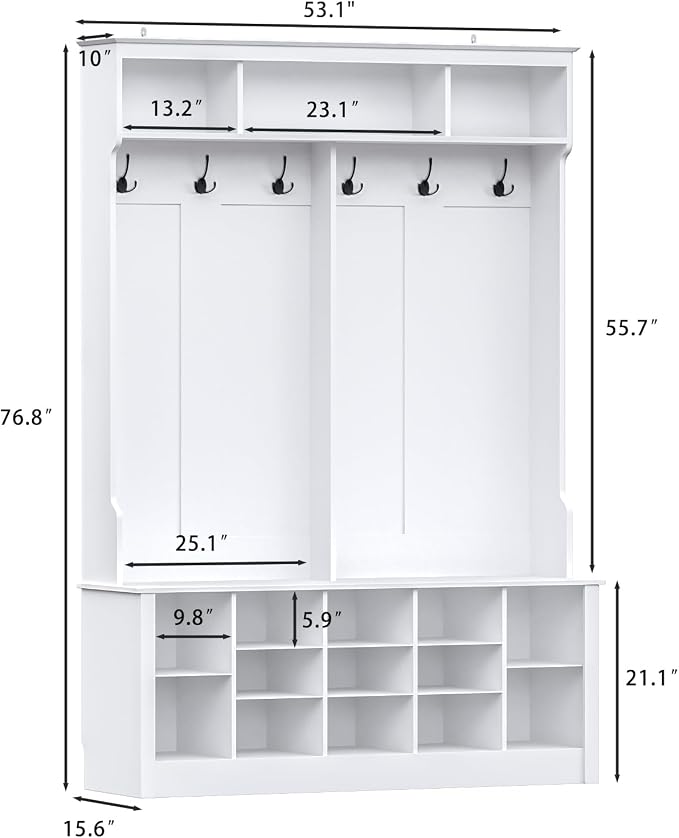 Wodeer Hall Tree with Bench and Shoe Storage, 6 Hooks, 12 Shoe Cubbies - Image 8