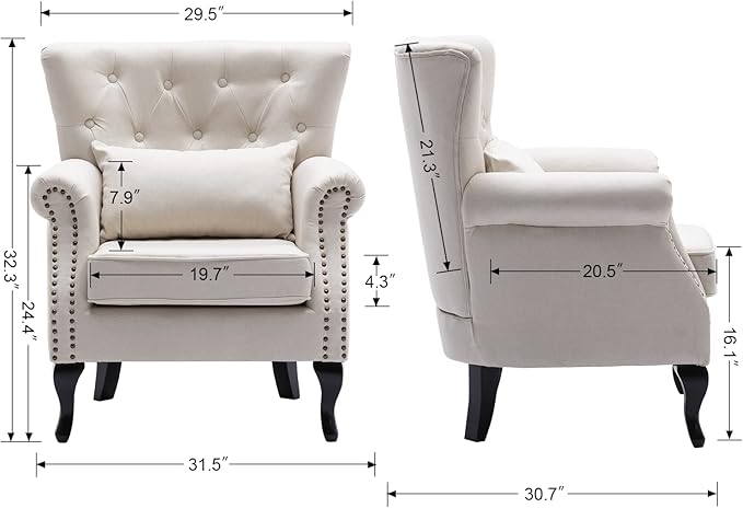 Mid Century Modern Accent Chair Upholstered Armchair Comfy Linen Fabric Single - Image 2