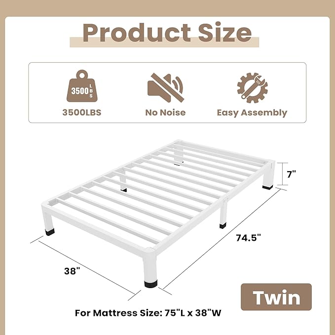 ROIL 7 Inch White Twin Bed Frame - Image 2