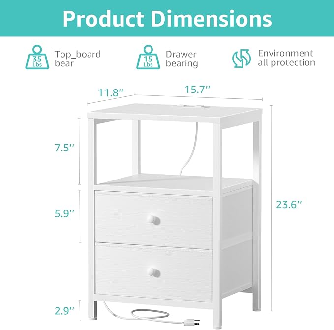BOLUO White Nightstand with Charging Station, LED Night Stand with 2 Fabric - Image 3