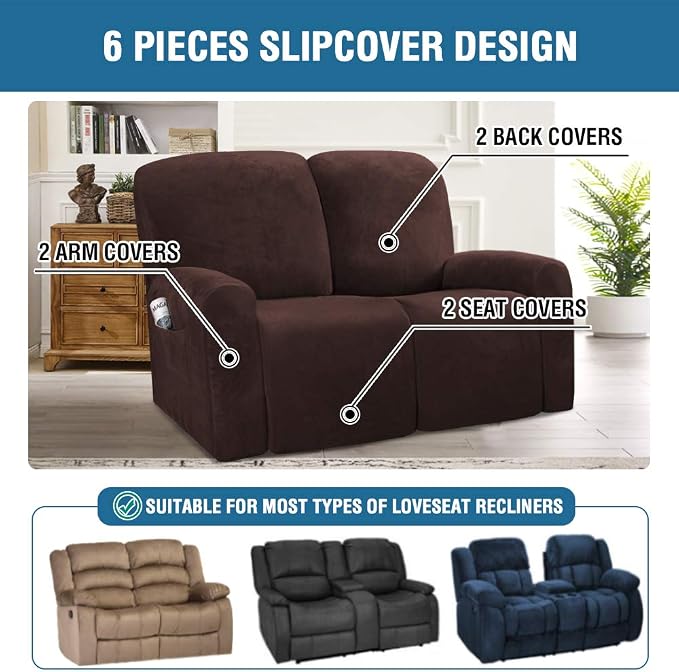 H.VERSAILTEX Velvet Stretch Recliner Couch Covers 6-Pieces Recliner Loveseat - Image 2