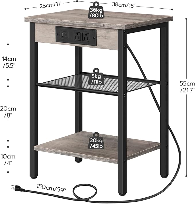 HOOBRO Side Table with Charging Station and USB Port, Small End Table - Image 3