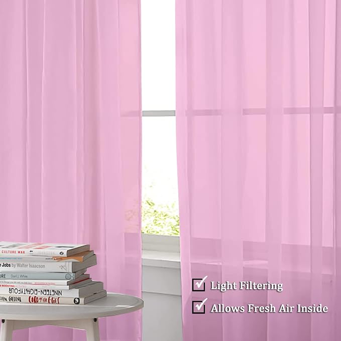 OWENIE Pink Sheer Curtains 90 Inch Length, Elegant Soft Sheer Curtains - Image 2