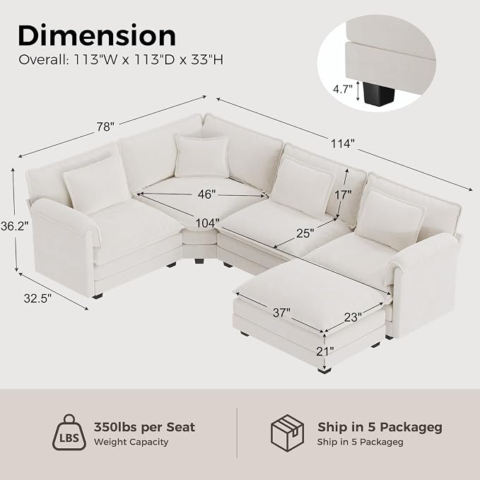 ELUCHANG 114" Oversized V-Shaped Cloud Couch Modular Sectional Sofa - Image 2