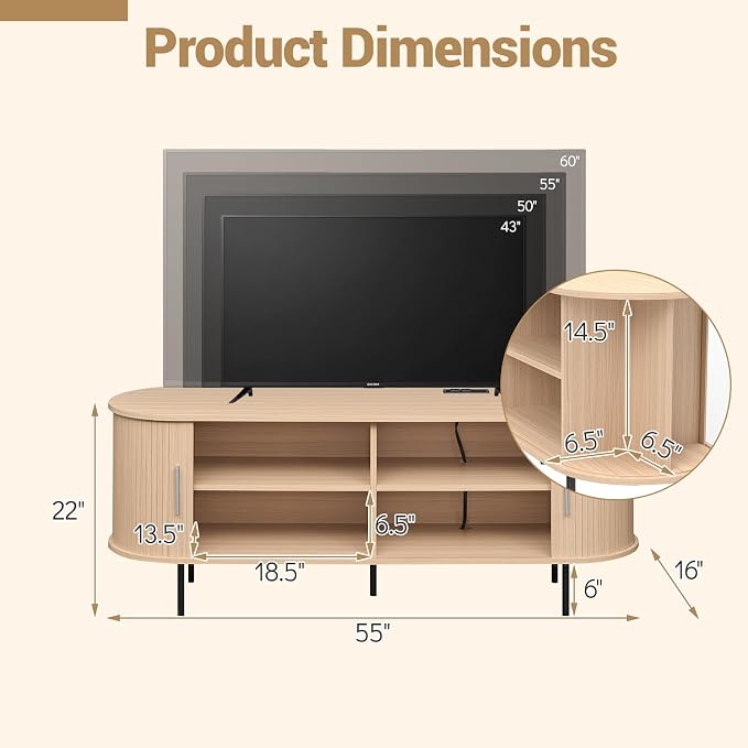 Tangkula Fluted TV Stand for TVs up to 60”, Mid Century Curved Entertainment - Image 5