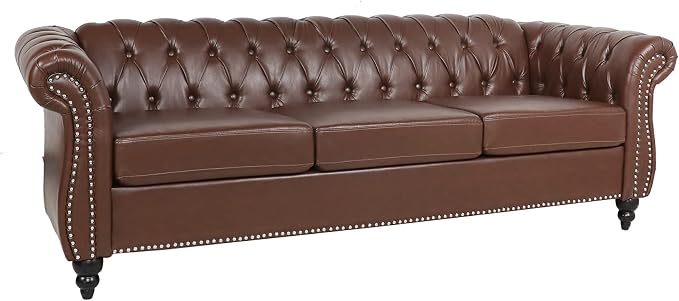 LEVNARY Chesterfield Sofa, Classic Tufted Upholstered Leather Couch, Modern 3 - Image 8