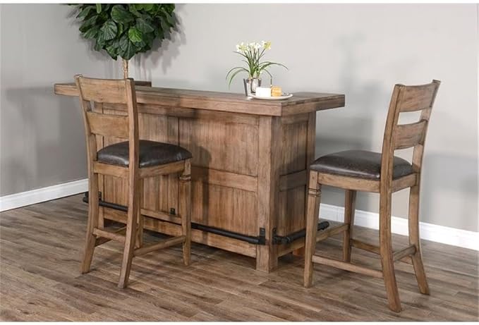 Pemberly Row Set of 3 Wood Bar Unit and 2 Ladderback Barstool in Natural Brown - Image 2