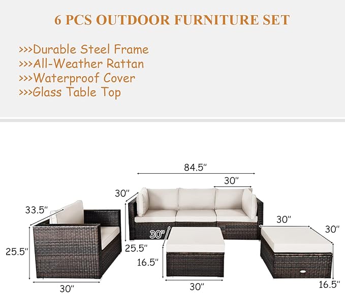 Tangkula 6 Pieces Wicker Patio Furniture Set, PE Rattan Outdoor Sectional - Image 4
